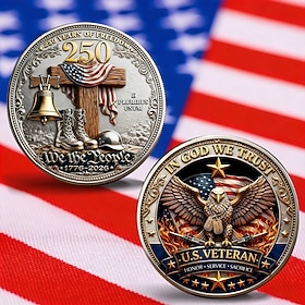 U.S. Veteran In God We Trust 250 Years of Freedom Commemorative Coin Challenge Coin 1776-2026 Limited Edition Coin with Eagle, Military Boots, Liberty Bell  Am
