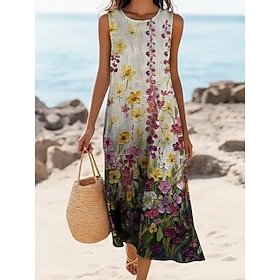 Women's Midi Dress Faux Cotton Linen Shift Dress Sundress Casual Dress Vintage Daily Outdoor Vacation Regular Fit Floral Sleeveless Crew Neck Purple Summer Spr