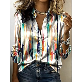 Women's Satin Shirt Satin Top Graphic Geometric Vintage Stylish Modern Long Sleeve Shirt Collar Regular Tops Daily Holiday Blue Light Green Orange Summer Sprin