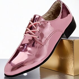 Men's Metallic Pink Patent Faux Leather Dress Shoes, Shiny Lace-Up Oxfords for Weddings, Nightclubs Fashion-Forward Events