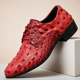 Men's Faux Leather Red Crocodile Print Lace-Up Shoes, Fashion-Forward Design for Special Occasions