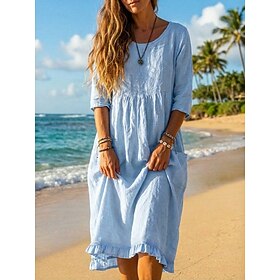 Women's Midi Dress Linen-feel Dresses Shift Dress Sundress Beach Dress Vacation Basic Holiday Weekend Loose Fit Plain 3/4 Length Sleeve Crew Neck Blue Black Gr