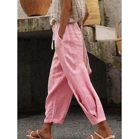 Per donna Pantaloni in cotone e lino Chinos Dritto Vacanza Essenziale Casual Lunghezza intera Vita Alta Semplice Tasca Fascia Elastica Comodo Comodità