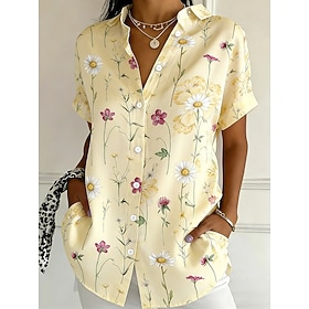 Women's Shirt Buttons Print Floral Graphic Vintage Stylish Modern Short Sleeve Shirt Collar Regular Tops Daily Blue Yellow Pink Purple Green Summer Spring