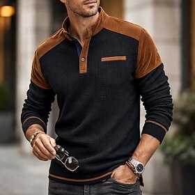 Men's Waffle T-shirt T Shirt Waffle Henley Shirt Long Sleeve Henley Spring Fall Solid Color Traditional / Vintage Modern Color Block Plain Casual Home Outdoo