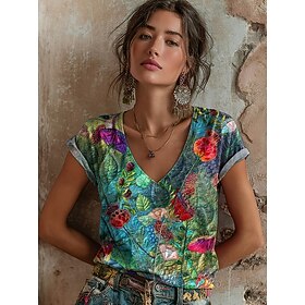 Women's T Shirt Print Floral Graphic Graffiti Bohemia Vintage Classic Short Sleeve V Neck Regular Tops Daily Green Summer Spring