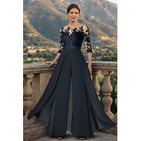 Zweiteilig Hosenanzug Knöchellänge Brautmutterkleid Dreiviertelarm Rundausschnitt Elegant Party Formell Hochzeitsgast Chiffon Spitze mit Applikationen