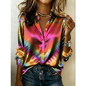 Women's Satin Shirt Satin Top Print Graphic Tie Dye Bohemia Vintage Fashion Long Sleeve Shirt Collar Regular Tops Daily Holiday Going out Fuchsia Orange Summer