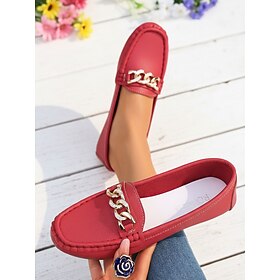 Women's Red Chain Moccasin Loafer - Soft Comfort Slip-On Shoes for Women, Classic Chic Style for Work, Office, Travel, Daily Wear  City Walking
