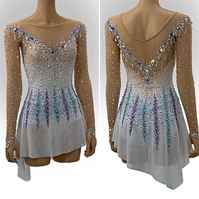 Figure Skating Dress Women's Ice Skating Dress White Patchwork Open Back Stretchy Training Competition Skating Wear Classic Crystal / Rhinestone Long Sleeve Ic