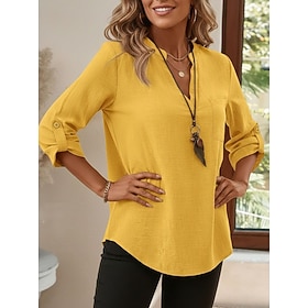 Per donna Camicie di cotone e lino Top estivi Blusa Top Eleganti Arricciato Patchwork Tasca Tinta unica Semplice Elegante Vintage Signore Manica 3/4 C