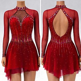 Figure Skating Dress Women's Ice Skating Dress Red Patchwork Open Back Stretchy Training Competition Skating Wear Classic Crystal / Rhinestone Long Sleeve Ice