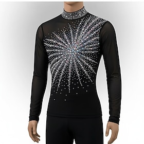 Figure Skating Top Men's Ice Skating Tops Black Patchwork Stretchy Training Competition Skating Wear Classic Crystal / Rhinestone Long Sleeve Ice Skating Figur