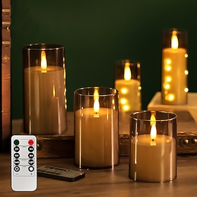3 Pcs LED Flameless Candles with Remote Control, Smokeless Wax Candles for Proposals, Parties, Dinner, Ambient Lighting, AAA Battery Powered, Decorative Home D