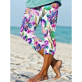Women's Capri Pants Leggings Vacation Vintage Fashion Capris Mid Waist Floral Graphic 3D Print Printing Comfort Soft Breathable High Elasticity Casual Daily Va