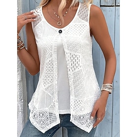Women's Tank Top Lace T-shirt Lace Patchwork Plain Fashion Stylish Classic Sleeveless Crew Neck Regular Tops Daily Going out Weekend White Black Pink Rose Pink