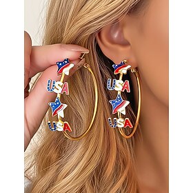 United States 250th Anniversary Women's Alloy USA Themed Hoop Earrings, Red, White  Blue Stars, Perfect for USA, Independence Day  Casual Daily Wear