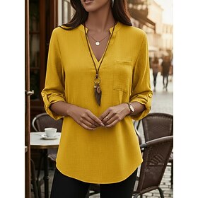 Women's Cotton Linen Shirts Summer Tops Blouse Dressy Tops Ruched Patchwork Pocket Solid Color Plain Elegant Vintage Ladies 3/4 Length Sleeve Shirt Collar Regu