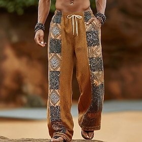 Men's Geometric Color Block Ethnic Trousers Baggy Pants Casual Pants Mid Waist Boho Vintage Retro Home Outdoor Vacation Elastic Drawstring Waist Linen-Like Pan