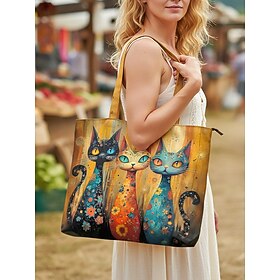 Women's Polyester Tote Bag, Large Capacity with Zipper, Multiple Cat Designs, Perfect for Vacations, Shopping, and Everyday Casual Use