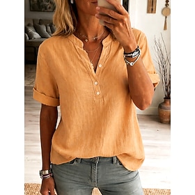 Women's Blouse Cotton Shirt Buttons Solid Color Daily Stylish Basic 3/4 Length Sleeve V Neck Regular Tops Daily Black Yellow Pink Royal Blue Dark Green Summer