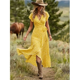 Women's Midi Dress Casual Dress Wrap Dress Floral Dress Elegant Fashion Modern Outdoor Vacation Going out Regular Fit Floral Short Sleeve V Neck Black Yellow C