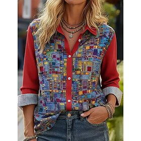 Women's Shirt Faux Cotton Linen Buttons Print Graphic Graffiti Bohemia Active Casual Long Sleeve Shirt Collar Regular Tops Daily Holiday Red Spring Fall