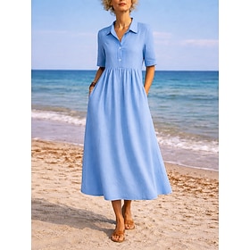 Women's Midi Dress Shirt Dress Casual Dress A Line Dress Fashion Modern Daily Vacation Going out Regular Fit Plain Short Sleeve Shirt Collar Blue White Red Gre