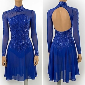 Figure Skating Dress Women's Ice Skating Dress Blue Patchwork Open Back Stretchy Training Competition Skating Wear Classic Crystal / Rhinestone Long Sleeve Ice