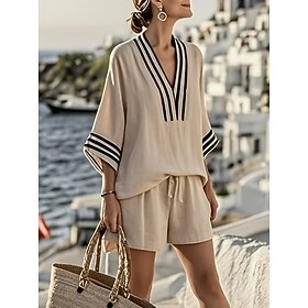 Women's Linen-feel Set Shorts Sets 3/4 Length Sleeve V Neck Striped Vacation Daily Casual Daily Outdoor Black White Khaki Summer Loose Fit