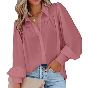 Women's Shirt Casual Shirt Button Up Shirt Blouse Ruched Buttons Solid Color Plain Elegant Vacation Fashion Long Sleeve Lantern Sleeve Turndown Regular Tops Da