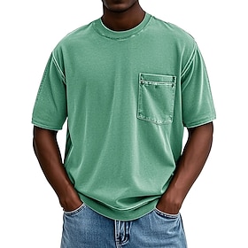 Men's T Shirt 100% Cotton Acid Wash Shirt Tee Top Short Sleeve Crew Neck Summer Spring All Seasons Solid Color Plain Vintage Streetwear Designer Pocket Washed