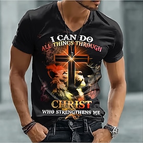 Men's Bible I Can Do All Things Through Christ Who Strengthens Me Lion Cross Religious Faith T Shirt Graphic V Neck Slim Fit Church Worship Gift Designer Cloth