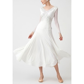 Ballroom Dance Dress Rhinestone Pleats Pure Color Women's Party Training Performance Long Sleeve High Spandex Polyester