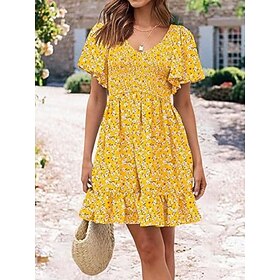 Women's Knee Length Dress Chiffon Dress Casual Dress Floral Dress Elegant Fashion Modern Outdoor Vacation Going out Regular Fit Floral Short Sleeve V Neck Gree