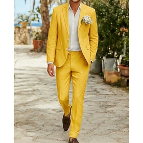 Men's Linen Suits Beach Wedding Casual Yellow Red Spring Summer Suit Notch Lapel Fashion Daily Solid Colored Tailored Fit 2 Piece Single Breasted Two-buttons