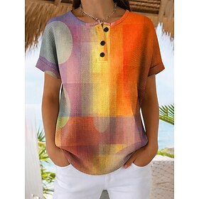 Women's Waffle T Shirt Print Graphic Geometric Vintage Stylish Classic Short Sleeve Crew Neck Regular Tops Daily Blue Yellow Orange Summer Spring