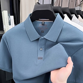Men's Polo Cotton Blend Polo Shirt Casual Business Lapel Short Sleeve Fashion Modern Plain Buttons Plain Summer Spring Regular White Lake blue Black Navy Blue