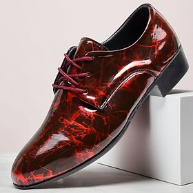 Men's Red Black Marble Patent Leather Oxford Shoes Lace-Up Formal Dress Shoes Glossy Statement Footwear for Weddings, Banquets, Parties, Prom, Stage Performanc