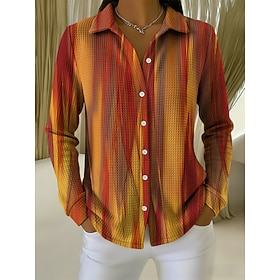 Women's Waffle Shirt Blouse Buttons Print Striped Vacation Daily Casual Long Sleeve Shirt Collar Regular Tops Daily Outdoor Holiday Blue Yellow Purple Summer S