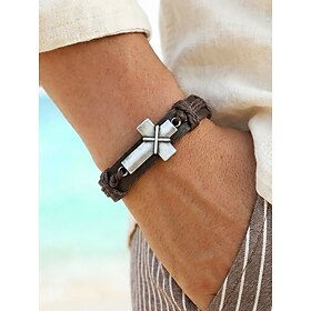 Men's Bohemian Leather Cross Bracelet, Genuine Leather Alloy, Vintage Distressed Style, Adjustable Length, Black Brown, Perfect for Outdoor Travel, Casual an