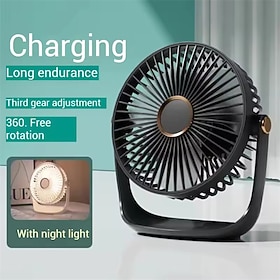 Ventilatore da scrivania portatile con luce notturna a LED, ventilatore da tavolo ricaricabile tramite USB, ventilatore personale con rotazione a 360°