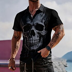 Halloween Men's Skull Shirt Casual Shirt Button Up Shirt Long Sleeve Dark Gothic Style Streetwear Vacation Summer Spring Turndown 3D Print Collared Shirts Blue