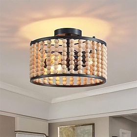 Lampadario con perline di legno, plafoniera semi-incasso stile boho per cameretta, lampadario rustico a 3 luci stile fattoria e27/e26 per cucina, came