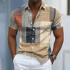Men's Geometric Color Block Patchwork Shirt Button Up Shirt Casual Dress Shirt Short Sleeve Fashion Casual Streetwear Vacation Spring Fall Turndown 3D Print Co