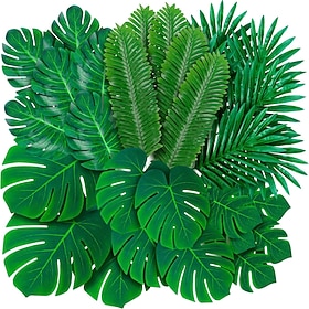 108 Pack Palm Leaves Artificial Tropical Monstera - 6 Kinds Large Small Green Fake Palm Leaf with Stems for Safari Jungle Hawaiian Luau Party Table Decoration