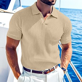 Men's Rib Knit Top Golf Polos Shirts Casual Work Lapel Ribbed Polo Collar Short Sleeve Basic Modern Solid Color Buttons Knitted Spring  Summer All Seasons Regu