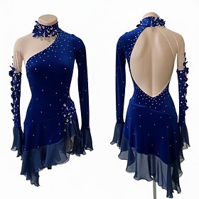 Figure Skating Dress Women's Ice Skating Dress Navy Patchwork Open Back Stretchy Training Competition Skating Wear Classic Crystal / Rhinestone Long Sleeve Ice