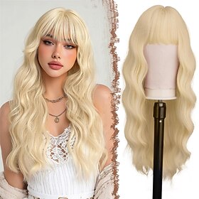 Blonde Wig with Bangs for Women - Long Wavy Natural Looking Synthetic Hair Wigs for Daily Party Costume, Platinum Blonde 26 inch