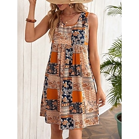 Women's Knee Length Dress Boho Dress Beach Dress Casual Dress Elegant Fashion Modern Outdoor Vacation Going out Regular Fit Floral Sleeveless Crew Neck Blue Pu